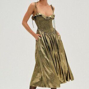 NWT For Love & Lemons Bethany Gold midi dress with corset top and bow detail 💛